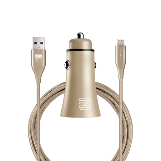 фото Автомобильное зарядное устройство LENZZA Razzo Metallic Car Charger. Два порта USB 5В, 2,1А. В комплекте: кевларовый кабель Lightning to USB Cable. Цвет золотой.
Lenzza Razzo Metallic Car Charger with Nylon Braided Lightning Kevlar Cable - Gold
