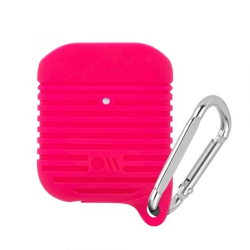фото Чехол Case-Mate AirPods Water Resistant Case для футляра с возможностью беспроводной зарядки наушников AirPods 1 и 2. С карабином. Цвет розовый, карабин серебряный