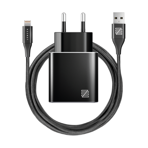 фото Сетевое зарядное устройство LENZZA Piazza Metallic Wall Charger. Два порта USB 5В, 2,1А. В комплекте: кевларовый кабель Lightning to USB Cable. Цвет графит.
Lenzza Piazza Metallic Wall Charger with Nylon Braided Lightning Kevlar Cable - Grey