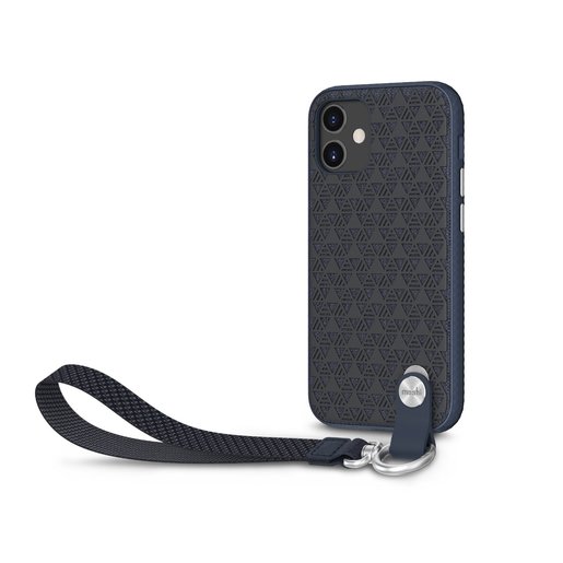 фото Чехол Moshi Altra с ремешком на запястье для iPhone 12 mini. Поддерживает беспроводную зарядку и аксессуары магнитной системы SnapTo. Материалы: пластик 77%, резина 7%, ткань 16%. Цвет синий