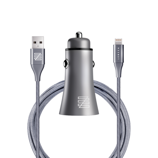 фото Автомобильное зарядное устройство LENZZA Razzo Metallic Car Charger. Два порта USB 5В, 2,1А. В комплекте: кевларовый кабель Lightning to USB Cable. Цвет графит.
Lenzza Razzo Metallic Car Charger with Nylon Braided Lightning Kevlar Cable - Grey