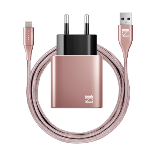 фото Сетевое зарядное устройство LENZZA Piazza Metallic Wall Charger. Два порта USB 5В, 2,1А. В комплекте: кевларовый кабель Lightning to USB Cable. Цвет розовое золото.
Lenzza Piazza Metallic Wall Charger with Nylon Braided Lightning Kevlar Cable - Rose Gold