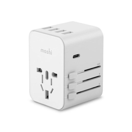фото Универсальный адаптер питания Moshi World Travel Adapter, оснащенный вилками для ЕС, США, Великобритании, Австралии. Порты: USB-C 15 Вт, USB-A.Moshi World Travel Adapter with USB-C and USB-A Ports - White