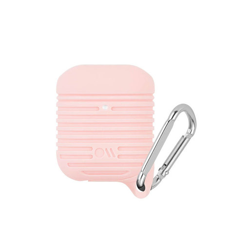 фото Чехол Case-Mate AirPods Water Resistant для футляра с возможностью беспроводной зарядки наушников AirPods 1 и 2. С карабином. Цвет светло-розовый, карабин серебряный