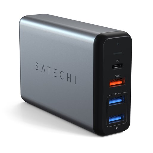 фото Сетевое зарядное устройство Satechi Type-C 75W Travel Charger. Разъемы USB-C PD 60W - 1 шт., QC 3.0 - 1 шт., USB 5В/2,4А - 2 шт. Цвет серебряный.
Satechi Type-C 75W Travel Charger with USB-C PD Fast