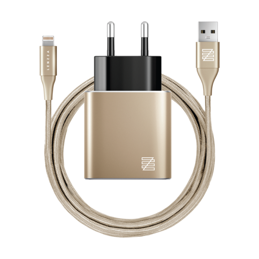 фото Сетевое зарядное устройство LENZZA Piazza Metallic Wall Charger. Два порта USB 5В, 2,1А. В комплекте: кевларовый кабель Lightning to USB Cable. Цвет золотой.
Lenzza Piazza Metallic Wall Charger with Nylon Braided Lightning Kevlar Cable - Gold