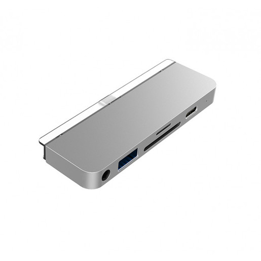 фото USB хаб Hyper HyperDrive 6-in-1 USB-C Hub для iPad Pro. Порты: HDMI 4K60Hz, USB-C 5Gbps 60W, MicroSD UHS-I 104MB/s, SD UHS-I 104MB/s, USB-A 5Gbps, 3.5mm Audio Jack. Цвет: серебряный
