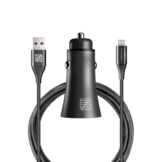 фото Автомобильное зарядное устройство LENZZA Razzo Metallic Car Charger. Два порта USB 5В, 2,1А. В комплекте: кевларовый кабель Lightning to USB Cable. Цвет черный.
Lenzza Razzo Metallic Car Charger with Nylon Braided Lightning Kevlar Cable - Black
