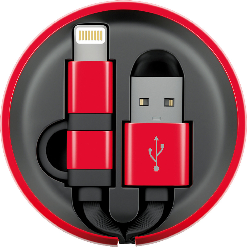 фото Кабель-рулетка MicroUSB+TypeC, USB2.0, Алюминиевый корпус, Цвет черный/красный,длина 1м