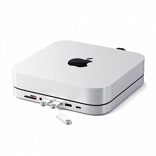 USB док станция с подставкой Satechi Mac Mini Stand & Hub для Mac Mini. Порты: 1x USB-C, 3 x USB, 3,5mm AUX, SD, microSD. Цвет: серебристый