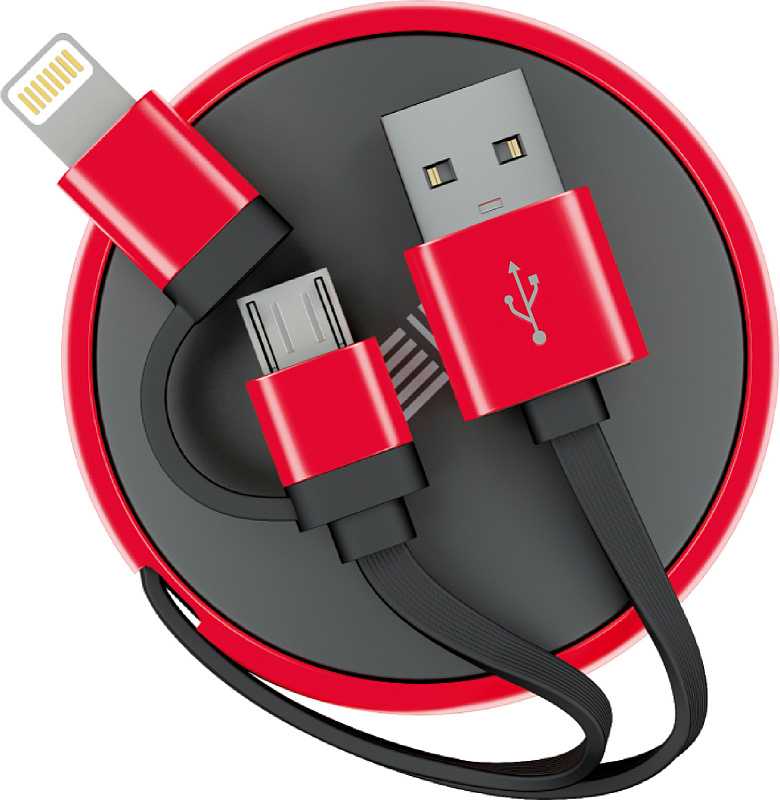 фото Кабель-рулетка Lightning+Micro USB2.0,алюм. Цв. черн/красн,1м