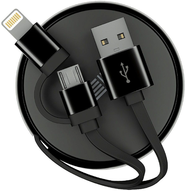 фото Кабель-рулетка Lightning+Micro USB2.0, Алюминиевый корпус, Цвет черный/черный, длина - 1м