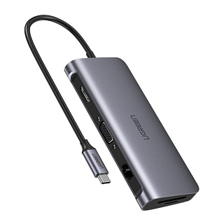 UGREEN. USB концентратор Ugreen 9 в 1 (хаб), 3 x USB 3.0, HDMI, VGA, RJ45 Gigabit, TF/SD, PD (40873)
