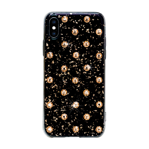 Чехол Bling My Thing для iPhone XS/X, с кристаллами Swarovski. Материал пластик. Коллекция Extravaganza. Дизайн Polka Dots Gold. Цвет черный