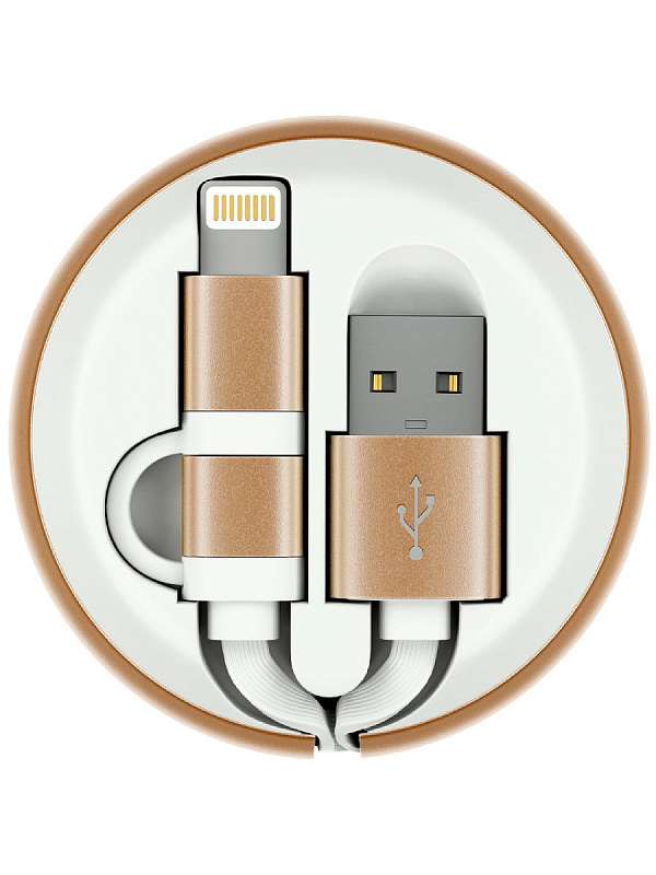 фото Кабель-рулетка MicroUSB+TypeC, USB2.0, Алюминиевый корпус, Цвет Белый/Золотой, длина 1м