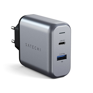 Сетевое зарядное устройство Satechi 30W Dual-Port Travel Charger. Входное напряжение 100-240В. Разъемы USB-C PD 18 Вт  -1 шт., USB 3.0 5В/12Вт - 1 шт. LED индикатор. Цвет серый космос.
Satechi 30W Dual-Port Travel Charger - Space Gray